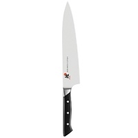 Elegant Japanese design meets superlative durability in these Morimoto-designed knives. Offering the ultimate in beautiful, reliable and practical cutlery, the Iron Chef's Miyabi collection uniquely combines a sharp, flexible, corrosion resistant blade with a western-style handle. This chef's knife is ideal for chopping, dicing, bias-cutting and slicing. Elegant Japanese design meets superlative durability in these Morimoto-designed knives. Offering the ultimate in beautiful, reliable and practical cutlery, the Iron Chef's Miyabi collection uniquely combines a sharp, flexible, corrosion resistant blade with a western-style handle. This chef's knife is ideal for chopping, dicing, bias-cutting and slicing.