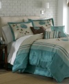 Suite serenity. In cool turquoise and soothing ivory tones, this Patricia comforter set has a calming effect upon your sleep space, featuring simple vertical stripes with embroidered floral accents for a touch of charm.