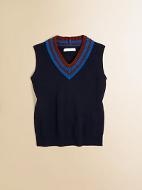 A classic v-neck sweater vest with bold stripes crafted in a luxe wool and silk blend.V-neckSleevelessPullover style95% wool/5% silkDry cleanImported A classic v-neck sweater vest with bold stripes crafted in a luxe wool and silk blend.V-neckSleevelessPullover style95% wool/5% silkDry cleanImported