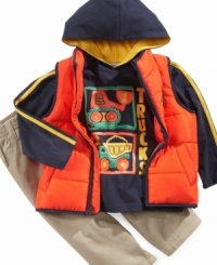 Keep truckin'. Give his style a push with adorable truck set – with a puffer vest, hoodie and pants – from Kids Headquarters. Keep truckin'. Give his style a push with adorable truck set – with a puffer vest, hoodie and pants – from Kids Headquarters.