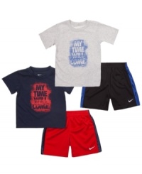 Give everyone a preview of your superstar's sporty style with this t-shirt and short set from Nike. Give everyone a preview of your superstar's sporty style with this t-shirt and short set from Nike.