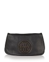 A eye-catching logo plaque adorns this pebbled leather clutch, featuring a removable chain strap for ultra-chic day-to-night style. By Tory Burch.