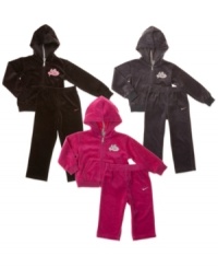 Sporty and soft, this velour hoodie and pant set from Nike is the perfect go-to for cozy comfort. Sporty and soft, this velour hoodie and pant set from Nike is the perfect go-to for cozy comfort.
