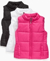 A cute, cozy solution to keeping her warm when the weather cools, this puffer vest from Pink Platinum looks lovely over a contrast long-sleeve top. A cute, cozy solution to keeping her warm when the weather cools, this puffer vest from Pink Platinum looks lovely over a contrast long-sleeve top.