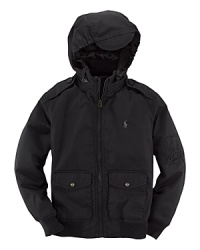 An essential bomber jacket is lightly lined and updated with a stowable hood for season-spanning protection against the elements. An essential bomber jacket is lightly lined and updated with a stowable hood for season-spanning protection against the elements.