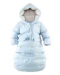 A cozy hooded bunting crafted from plush down keeps your little one warm on chilly days. A cozy hooded bunting crafted from plush down keeps your little one warm on chilly days.