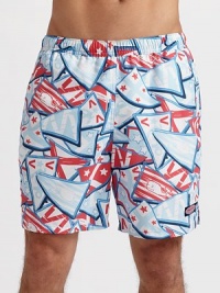A bright, graphic option for the beach, board and beyond in quick-dry microfiber. Elastic waist Logo tab on left leg Side slash, back flap pockets Mesh lining Inseam, about 7 Polyester Machine wash Imported A bright, graphic option for the beach, board and beyond in quick-dry microfiber. Elastic waist Logo tab on left leg Side slash, back flap pockets Mesh lining Inseam, about 7 Polyester Machine wash Imported