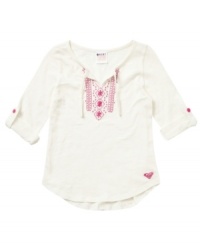 She can sport a beachy style with this cozy looks and feel of this embroidered top from Roxy. She can sport a beachy style with this cozy looks and feel of this embroidered top from Roxy.