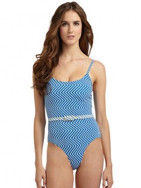 THE LOOKZigzag stripes patternAdjustable shoulder strapsScoop necklineContrast zigzag belt with buckleHigh cut leg openingsLogo-embossed button at sideTHE MATERIAL80% nylon/20% spandexCARE & ORIGINHand washImported THE LOOKZigzag stripes patternAdjustable shoulder strapsScoop necklineContrast zigzag belt with buckleHigh cut leg openingsLogo-embossed button at sideTHE MATERIAL80% nylon/20% spandexCARE & ORIGINHand washImported