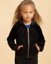 Add a little sparkle to playtime with shimmering specks on the front, back and hood of this cozy fleece hoodie.Attached hoodZip front with J pullLong plain sleeves with ribbed cuffsRibbed waistAngled front pocketsJuicy heart charm near hemCotton jersey liningPolyesterHand washImported