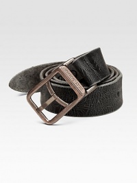 Worn and weathered calfskin leather with an distressed metal logo buckle. About 1¾ wide Made in Italy 