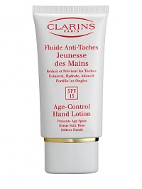 Age-Control Hand Lotion, SPF 15. This hand treatment is essential for soft, youthful-looking hands. Rich emollient lotion moisturizes and softens hands, protecting them against the appearance of sun-induced age spots. SPF 15 formula helps to maintain their youthful beauty by protecting against the drying effects of external aggresions such as cold, harsh water and detergents. Conditions and fortifies nails. Imported from France. 2.7 oz. Age-Control Hand Lotion, SPF 15. This hand treatment is essential for soft, youthful-looking hands. Rich emollient lotion moisturizes and softens hands, protecting them against the appearance of sun-induced age spots. SPF 15 formula helps to maintain their youthful beauty by protecting against the drying effects of external aggresions such as cold, harsh water and detergents. Conditions and fortifies nails. Imported from France. 2.7 oz.