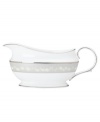 To entertain with grace and style look no further than this Bellina sauce boat from Lenox's dinnerware and dishes collection. Elegant bone china with a delicate floral design and textured white beads is finished with platinum trim. Sauce boat shown right.