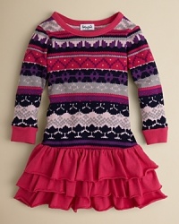 This wintery dress blushes with girlie colors in a snowflake pattern on the top, contrasted with solid multi-tier ruffles cascading from the drop waist. This wintery dress blushes with girlie colors in a snowflake pattern on the top, contrasted with solid multi-tier ruffles cascading from the drop waist.