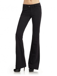 THE LOOKBelt-looped waistZip flyButton tab closureSlash front pocketsFront coin pocketBack button patch pocketsFlared silhouetteTHE FITRise, about 8Inseam, about 34THE MATERIAL86% cotton/11% polyester/3% spandexCARE & ORIGINMachine washMade in USAModel shown is 5'11 (180cm) wearing US size 4. THE LOOKBelt-looped waistZip flyButton tab closureSlash front pocketsFront coin pocketBack button patch pocketsFlared silhouetteTHE FITRise, about 8Inseam, about 34THE MATERIAL86% cotton/11% polyester/3% spandexCARE & ORIGINMachine washMade in USAModel shown is 5'11 (180cm) wearing US size 4.