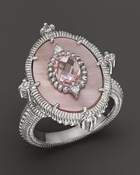 A pink mother-of-pearl and crystal sterling silver ring with white sapphire accents. By Judith Ripka. A pink mother-of-pearl and crystal sterling silver ring with white sapphire accents. By Judith Ripka.