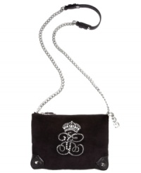 Glam up your evening out with a splash of sparkle. Iconic Juicy Couture JC and crown are dressed in diva-licious rhinestone on plush velour, while ladylike chain-link strap adds delicate detail. Glam up your evening out with a splash of sparkle. Iconic Juicy Couture JC and crown are dressed in diva-licious rhinestone on plush velour, while ladylike chain-link strap adds delicate detail.