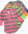 Jeweled buttons and bright stripes dress up this henley tee from Planet Gold.