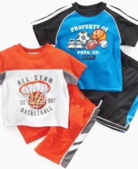 Put me in coach! He'll be ready for some action with this sporty tee shirt and short set from Kids Headquarters. Put me in coach! He'll be ready for some action with this sporty tee shirt and short set from Kids Headquarters.