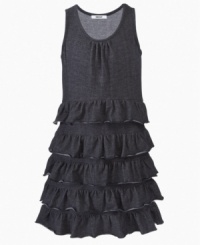 Combining the sturdy construction of denim with the floaty ruffles on this tiered dress from DKNY gives her a style that's special. Combining the sturdy construction of denim with the floaty ruffles on this tiered dress from DKNY gives her a style that's special.