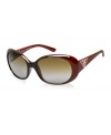 This chic oval shape in burgundy features the signature Prada triangle on the temple, which represents the brand's classic Italian heritage. Lenses are grey, gradient and polarized.