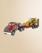 Incredibly realistic 1:16 scale model provides hours of imaginative play, with flatbed truck, loading trailer with fold-down ramp, Caterpillar bulldozer backhoe plus opening doors and lift-up hood displaying engine block.Plastic Truck, about 36¾L X 7¾W X 10½H Backhoe, about 20½L X 6¼W X 7¼H Recommended for ages 3 and up Made in Germany