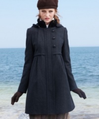 A cross between preppy cool and all-out feminine chic, DKNY's empire-waist coat features special details like asymmetrical buttons and cozy knit collar. A cross between preppy cool and all-out feminine chic, DKNY's empire-waist coat features special details like asymmetrical buttons and cozy knit collar.