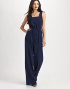 EXCLUSIVELY AT SAKS. Sporty and chic, this finespun wool one-piece features an intriguing open back.Square necklineSleevelessElastic waistband Wide legOpen backConcealed back zipInseam, about 34½98% wool/2% elastaneDry cleanMade in USA of imported fabricModel shown is 5'9 (175cm) wearing US size 4. 