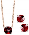 A fun and colorful update to your wardrobe, this matching pendant and earrings set features cushion-cut garnet (5 ct. t.w.) set in 14k rose gold over sterling silver. Approximate length: 18 inches. Approximate drop (pendant): 1/4 inch. Approximate drop (earrings): 1/4 inch.
