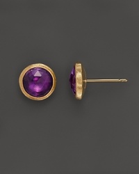 Amethyst and hand-engraved yellow gold stud earrings from Marco Bicego. Amethyst and hand-engraved yellow gold stud earrings from Marco Bicego.