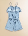 A nautical-inspired, lightweight denim romper features a pretty ruffled neckline, a belted sash at the waist and a cuffed hem.Straight elasticized neckline with ruffled trimSpaghetti strapsPull-on styleSmocked waistFront inseam pocketsBack welt pocketsCuffed hemCottonMachine washImported