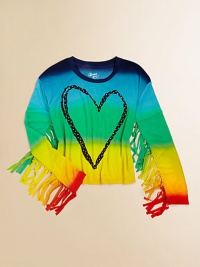 It's easy to fall in love with this retro, fringed tee with a bold heart print and colorful design.ScoopneckLong sleeves with fringe trimPullover styleRayonHand washImported It's easy to fall in love with this retro, fringed tee with a bold heart print and colorful design.ScoopneckLong sleeves with fringe trimPullover styleRayonHand washImported