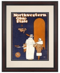 The Northwestern Wildcats clawed their way to the end zone in 1927, beating the Ohio State Buckeyes 19-13. Get in on the action with this restored cover art from that game's football program, featuring a classic cherry-finished wood frame. The Northwestern Wildcats clawed their way to the end zone in 1927, beating the Ohio State Buckeyes 19-13. Get in on the action with this restored cover art from that game's football program, featuring a classic cherry-finished wood frame.