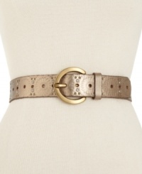 Playful and fiercely fashionable. Medallion perforations lend charm to this leather belt by Fossil. Playful and fiercely fashionable. Medallion perforations lend charm to this leather belt by Fossil.