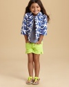 She'll want to take flight with the fancy birds that adorn this plush cotton topper with round collar for added style.Round collarThree-quarter length sleevesFull front zipCropped hemCottonDry cleanImported