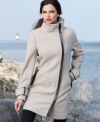 Calvin Klein, the master of minimalism, gives you a elegantly streamlined coat with sophisticated faux-leather trim.