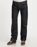Dark indigo rinsed denim, in a straight-leg fit that transitions easily from weekday to weekend wear.Five pocket styleButton flyInseam, about 34CottonMachine washImported