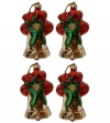 Set of 4 Gold Glass Bell Christmas Ornaments with Red Poinsettias and Green Leaves