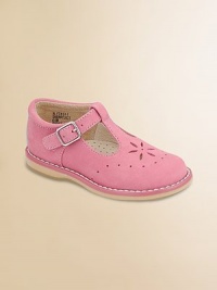 A classic t-strap design is updated with grip-tape closure for easy on and off, a perforated flower and dot detail.T-strap grip-tape closureNubuck leather upperRubber solePadded insoleLeather liningImported Please note: It is recommended that you order a ½ size smaller than measured. If your child measures a size 7.0, you may want to order a 6½. A classic t-strap design is updated with grip-tape closure for easy on and off, a perforated flower and dot detail.T-strap grip-tape closureNubuck leather upperRubber solePadded insoleLeather liningImported Please note: It is recommended that you order a ½ size smaller than measured. If your child measures a size 7.0, you may want to order a 6½.
