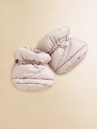 A cute, cozy pair of little booties with check lining and elastic cuff.Elastic cuff with pullCheck linedDown fillPolyesterMachine washImported A cute, cozy pair of little booties with check lining and elastic cuff.Elastic cuff with pullCheck linedDown fillPolyesterMachine washImported