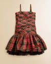 Inspired by vintage Americana, this pretty tartan plaid design features ruching and a full tulle skirt for a stylish silhouette.Straight necklineSpaghetti strapsInvisible side zipperDrop-waistRuffled skirt with exposed petticoatFully linedSilkDry cleanImportedNecklace shown not sold