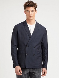 Refined design exudes modern sophistication, constructed in a luxurious blend of virgin wool and linen, finished in a polished, pinstriped pattern.Button frontDouble-breastedWaist flap pocketsRear vent52% virgin wool/48% linenDry cleanImported Refined design exudes modern sophistication, constructed in a luxurious blend of virgin wool and linen, finished in a polished, pinstriped pattern.Button frontDouble-breastedWaist flap pocketsRear vent52% virgin wool/48% linenDry cleanImported