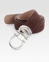 Adjustable suede belt with double gancini buckle.SuedeAbout 1½ wideMade in Italy