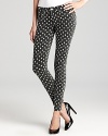 Lively, retro-inspired polka dots energize these Paige Denim skinny jeans--color washed for a chic alternative to everyday denim with added stretch for leg-hugging flair and flattery.