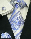 Landisun 30G White Blue Paisley Mens Silk Tie Set: Tie+Hanky+Cufflinks Exclusive