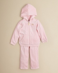 A super soft and sporty velour jacket and pant with girlie lace detail. A super soft and sporty velour jacket and pant with girlie lace detail.