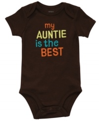 Help him give his favorite aunt a shout-out with this adorable bodysuit from Carter's. Help him give his favorite aunt a shout-out with this adorable bodysuit from Carter's.