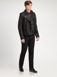 Edgy motorcycle styling in rich leather, defined by a wide, buckle-front belt.Snap-button notch collarEpaulettesAsymmetric zipper frontZip cuffsZip pocketsBuckled belt at waistAbout 25 from shoulder to hemDry clean by a leather specialistMade in Italy Edgy motorcycle styling in rich leather, defined by a wide, buckle-front belt.Snap-button notch collarEpaulettesAsymmetric zipper frontZip cuffsZip pocketsBuckled belt at waistAbout 25 from shoulder to hemDry clean by a leather specialistMade in Italy