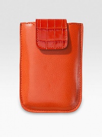 This trim, sleek case in hand-crafted leather is specially designed to accomodate a variety of smart phones, including BlackBerry. Secured by a croco-embossed leather snap tab, and lined in chamois cloth.Fits iPhone 3, 4 most smart phone and BlackBerry modelsLeather3¾W X 5¼HMade in USA This trim, sleek case in hand-crafted leather is specially designed to accomodate a variety of smart phones, including BlackBerry. Secured by a croco-embossed leather snap tab, and lined in chamois cloth.Fits iPhone 3, 4 most smart phone and BlackBerry modelsLeather3¾W X 5¼HMade in USA