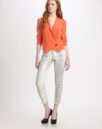 Luxe python-print lends a touch of glam this this oh-so-sleek silhouette tailored with a sophisticated crop.Tab-front waistZip-flyFlat frontSlash pocketsSide pipingZipper hemsBack patch pocketsRise, about 7½Inseam, about 28½65% polyseter/33% viscose/2% elastaneDry cleanImportedModel shown is 5'10½ (179cm) wearing US size 4.